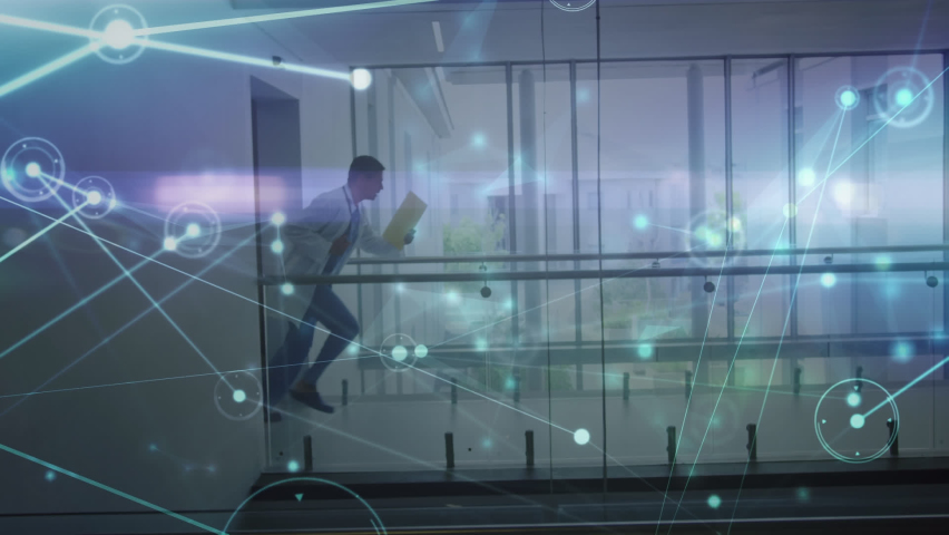 Animation of networks of connections over diverse doctors in hospital. global medicine, healthcare and technology concept digitally generated video.