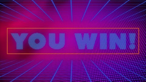 Animation of you win text over light spots on black background. retro communication, metaverse and video game concept digitally generated video.