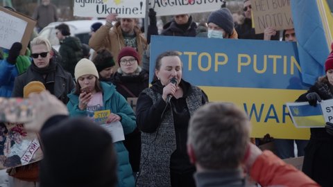 Reykjavik Iceland February 24 2022: People Strike Protest in Front Russian Embassy Demanding to STOP War in Ukraine 