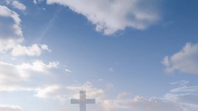 Animation of cross and caucasian woman holding bible over blue sky with clouds. religion, faith and christianity concept digitally generated video.