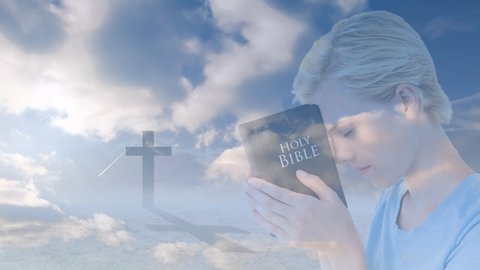 Animation of cross and caucasian woman holding bible over blue sky with clouds. religion, faith and christianity concept digitally generated video.