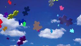 Animation of puzzles floating over sky and rainbow. national puzzle day and brain activity concept digitally generated video.