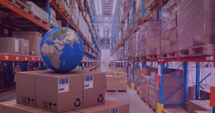 Animation of statistics processing over globe and cardboard boxes in warehouse. global shipping, business and data processing concept digitally generated video.