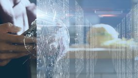 Animation of globe and integrated circuits over hands of caucasian man using smartphone. digital interface, technology and communication concept digitally generated video. - Powered by Shutterstock - Get 15% off with code: PIKWIZARD15