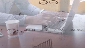 Animation of financial data and graphs moving over caucasian man using laptop and drinking coffee. global business, finance, stock market and technology concept digitally generated video.