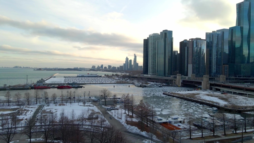 Aerial view of ice formations in Lake Michigan chicago river