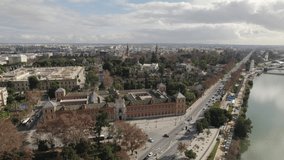 San Telmo Palace and cityscape, Seville in Spain. Aerial circling