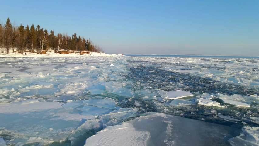 Amazing ice formations on Lake Superior surface, winter in Minnesota