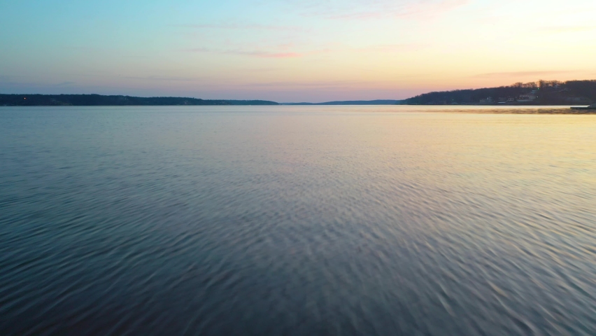 Fly Fast Over Water At Grand Lake During Sunrise At The Cherokees In Northeast Oklahoma. Aerial Drone