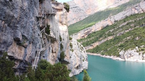 Pasarelas de Montfalco at Congost de Mont Rebei Canyon, Catalonia and Aragon, North Spain - Aerial Drone View of the Dangerous Stairs and Hiking Trail along the Steep Cliffs