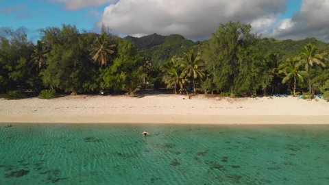 Aerial drone footage of the Cook islands in the south Pacific , Rarotonga