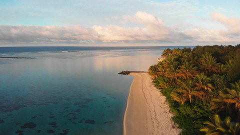Flying above the paradise island with gorgeous white sand beaches and lush palm trees. Rarotonga, Cook islands