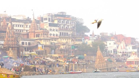 Varanasi, Utter pradesh, India, January 03 2022, View of the holy city of Varanasi from the ghats. Boats anchored on teh banks of the river.