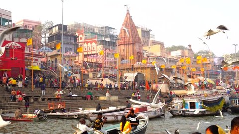 Varanasi, Utter pradesh, India, January 03 2022, View of the holy city of Varanasi from the ghats. Boats anchored on teh banks of the river.