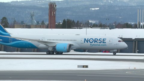 Oslo Airport Norway - February 23 2022: airplane boeing 787 dreamliner norse atlantic airlines jotunheimen taxiing close