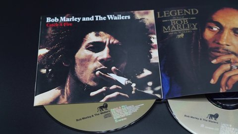 Rome, Italy - February 18, 2022, detail of the covers and cds of the Catch A Fire and Legend The Best of Bob Marley and The Wailers albums.