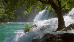 Skradinski buk the most popular waterfall in Krka National Park. Location place Skradin resort (Lozovac), Croatia, Europe. Scenic footage of travel destination. Beauty of earth. Filmed in 4K video.