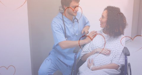 Animation of hearts over pregnant biracial woman talking to male doctor. international day of the midwife and pregnancy concept digitally generated video.