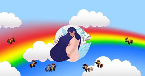 Animation of butterflies flying over pregnant woman, rainbow and sky. international day of the midwife and pregnancy concept digitally generated video.