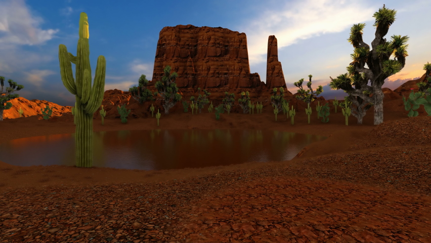 Aerial scenic shot of red mountains, Joshua trees, cactus, plants