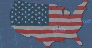 Animation of american flag, hat and map with lines and statistics processing. american patriotism, independence and business concept digitally generated video.