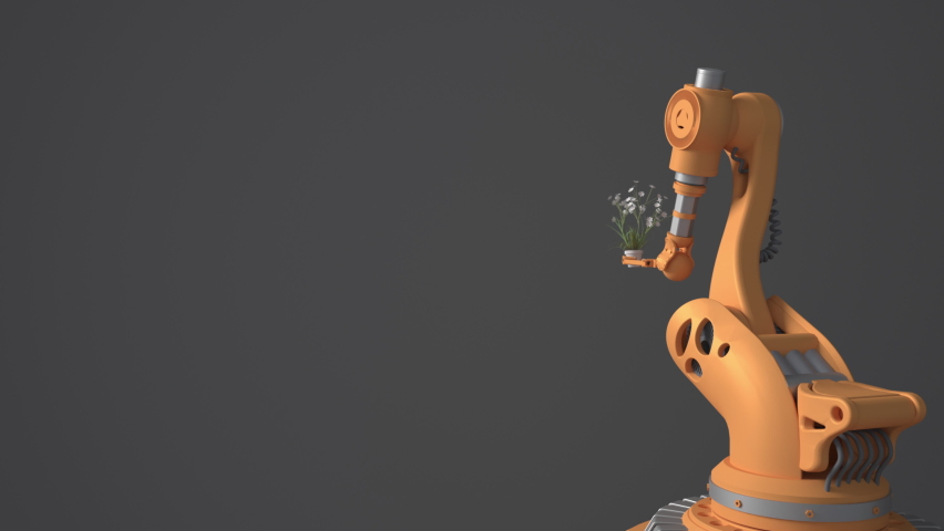 An orange robot holds a pot with a flower. Blurry gray background. The concept of the future protection of the green planet. Nature conservation. Royalty-Free Stock Footage #1087613825