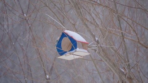 Wooden hand made big birdhouse. Bird and small animal feeder in winter forest