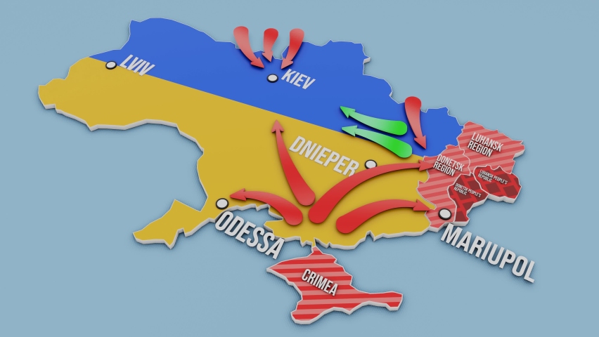 War escalation of the conflict in Ukraine with Russia - the movement of military units map - 3D render - Powered by Shutterstock - Get 15% off with code: PIKWIZARD15