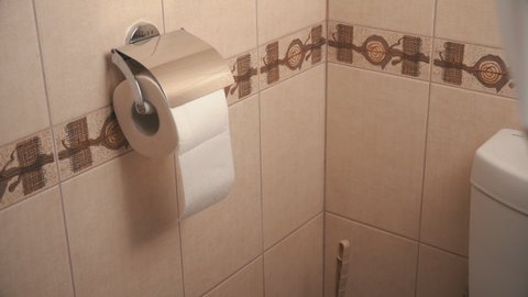 Woman's hand unwinds toilet paper. Soft and white toilet paper. A toilet paper holder hangs on the wall next to the toilet.