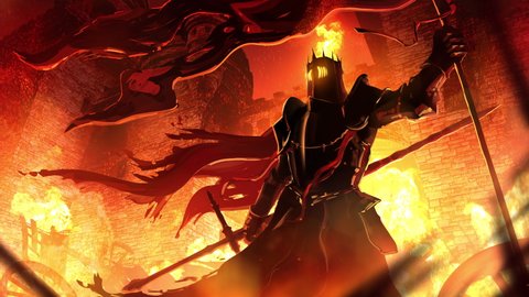 A black flaming chaos knight with a dark flag and a two-handed sword, victoriously stands in the burning ruins of a medieval castle. There is a fire burning in his helmet, looped 2d animation