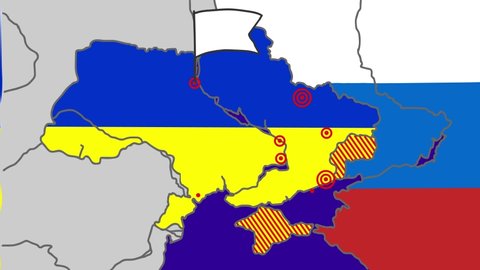2D animation Russia and Ukraine, war, map of world, Kiev, Crimea, strategic points, shelling and attack, army. Ukraine surrenders, raises white flag, peace agreement