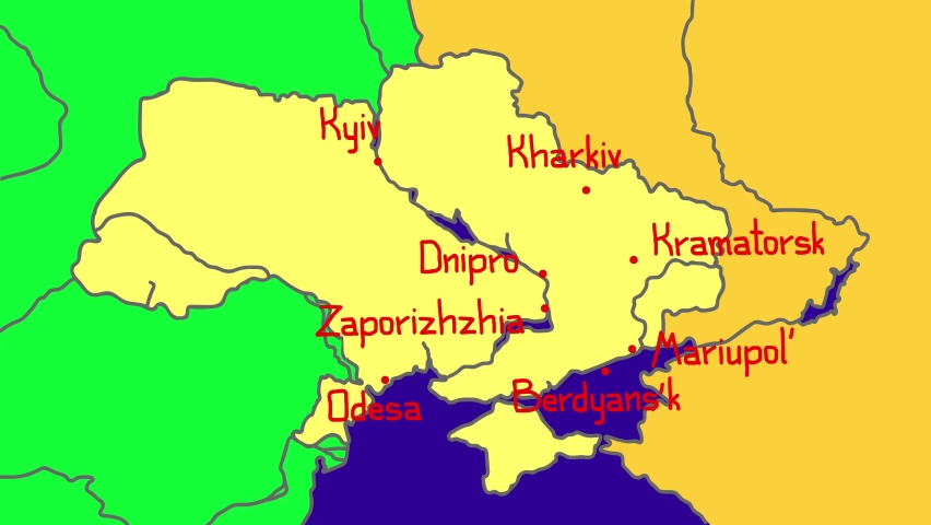 2D animation Russia and Ukraine, war, map of world, plan of attack, full scale conflict and seizure of territories, Kiev, Crimea, strategic points, shelling and attack, army.