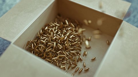 Bullet Pile Closeup, Bullets Shells Drop Military concept, military defense police. Close up shell ammunition. 3d rendering