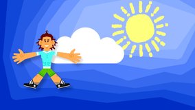 A man flies in the sky with clouds and sun, waving his arms and legs. Looped animation with drawn elements and character.