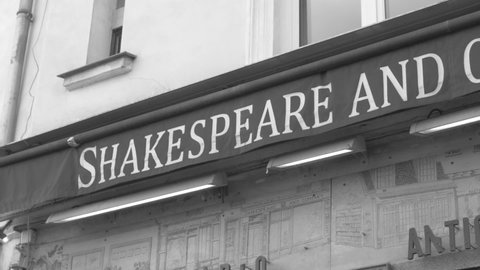 Paris, France - February 2022. Front Of The Legendary Bookstore Of Shakespeare and Company. Black and white shot.