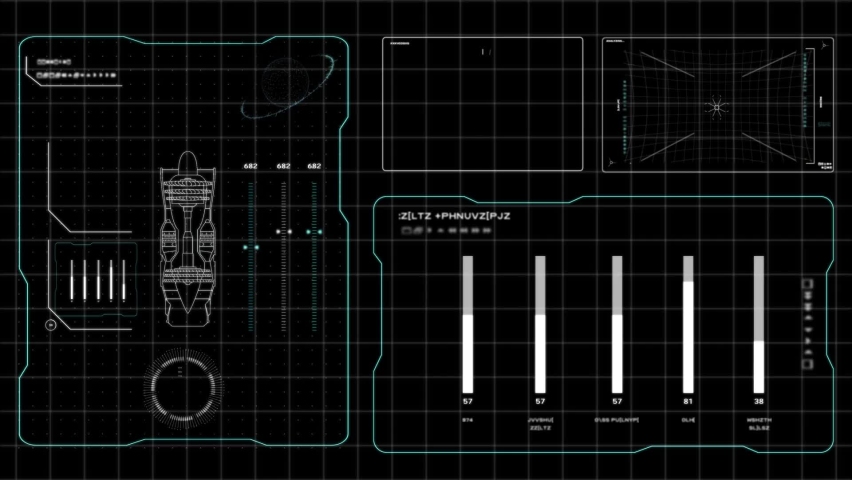 Sci Fi HUD (Heads Up Display) featuring several diagnostics boxes with moving elements. Interface animation can be looped. Abstract loading sequences and data visualization feeds. Engine control check