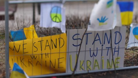 Protest posters against the Russian attack on Ukraine at the Russian Embassy in Latvia. Riga, Latvija, 02.25.2022