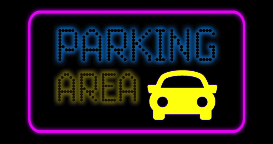 Glowing neon car area parking icon on black background and purple frame. parking signs for restaurants, nightclubs, casinos and more.