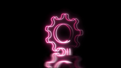 Neon spinning gear animation on black background. Spinning cogwheel video. Mechanism in motion. Technology concept.