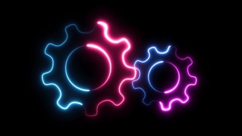 Two neon spinning gears animation on black background. Spinning cogwheels video. Mechanism in motion.