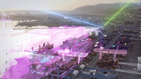 Futuristic Port harbor with 5G network and technology data communication, aerial, technology concept, drone shot with artificial intelligence, digital network - Powered by Shutterstock - Get 15% off with code: PIKWIZARD15
