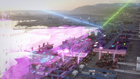 Futuristic Port harbor with 5G network and technology data communication, aerial, technology concept, drone shot with artificial intelligence, digital network