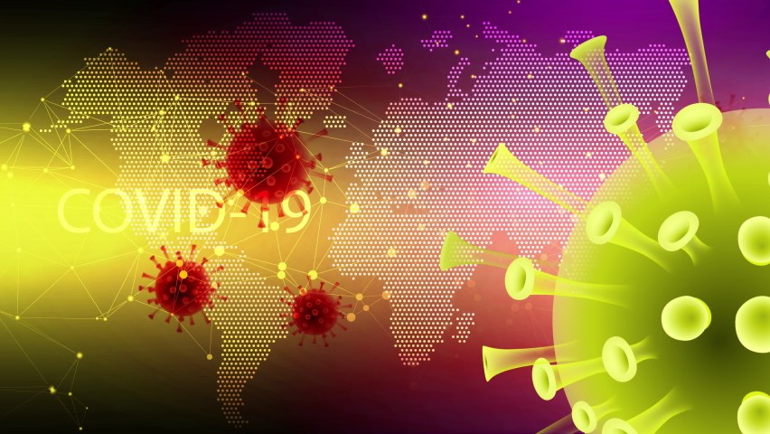 COVID-19 swirls continuously on a brightly colored world map background. - Powered by Shutterstock - Get 15% off with code: PIKWIZARD15