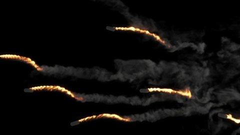 Fiery streams cut through the blackness, dragging smoky tails behind them. Visualization of shots.