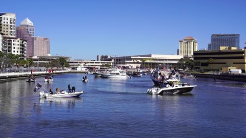 Tampa, FL USA - 01 29 2022: Boat invasion show of Gasparilla pirate festival in tampa fl