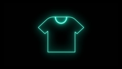4K Neon T-Shirt Icon in Glowing Neon Colorful Waving Lights. Isolated on Black Background. T Shirt icon in Led light. Clothes shop, shopping center, market, fabric factory advertising design element.