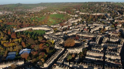 Aerial view over the Georgian city of Bath, The Circus and Royal Cresent, Somerset, England
