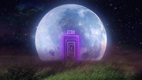 Surrealistic Moon Door Entrance On Ground Space Background. Spinning moon on the ground with a door open to the infinite. Space background