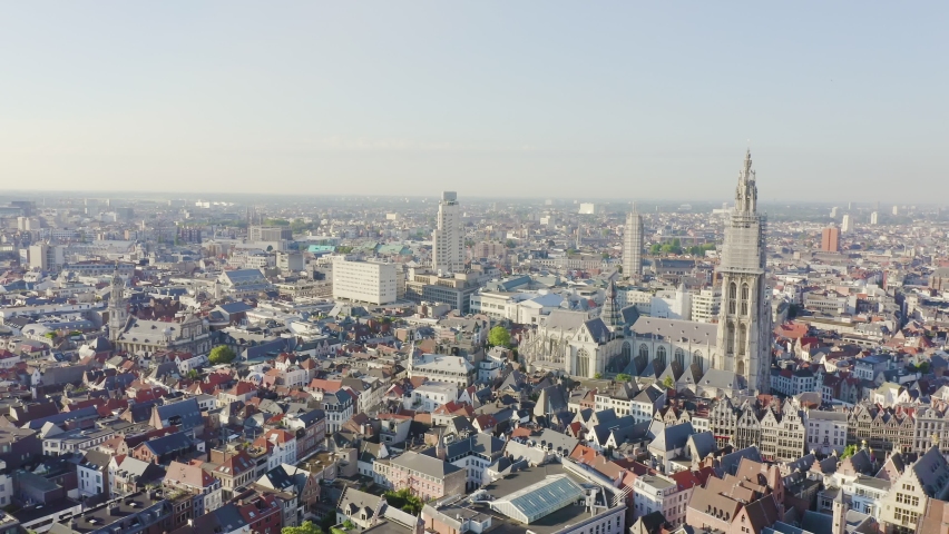 Inscription on video. Antwerp, Belgium. Cathedral of Our Lady of Antwerp. (Onze-Lieve-Vrouwekathedraal Antwerpen). Text from small balls, Aerial View