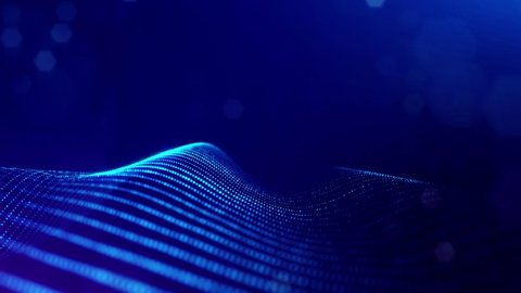 3d looped bg data flow concept, sci-fi background digital space. Blue high tech field with glow particles form lines and surface waves. Hi-tech information flow, blockchain, bigdata visualization. DOF